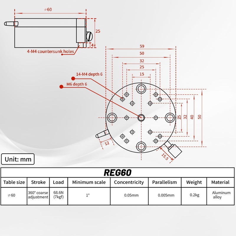 RATTMMOTOR Rotating Platform REG60 R Axis Rotary Sliding Table 360° Manual Rotation Stage Load 68.6N/7kgf High-Precision Angle Feed Indexing (Diameter 60mm) - Image 5